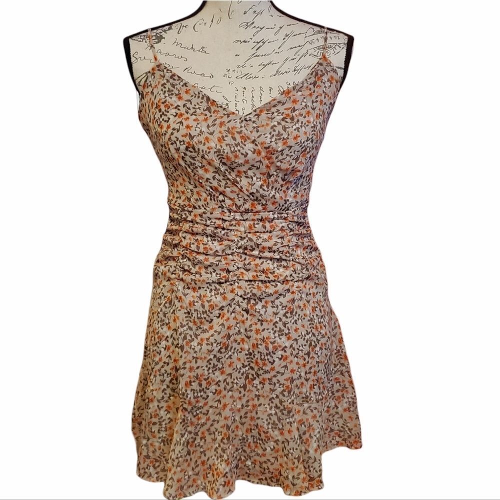 All in Favor Women's Size XS Tan Floral Ruched Sun Dress